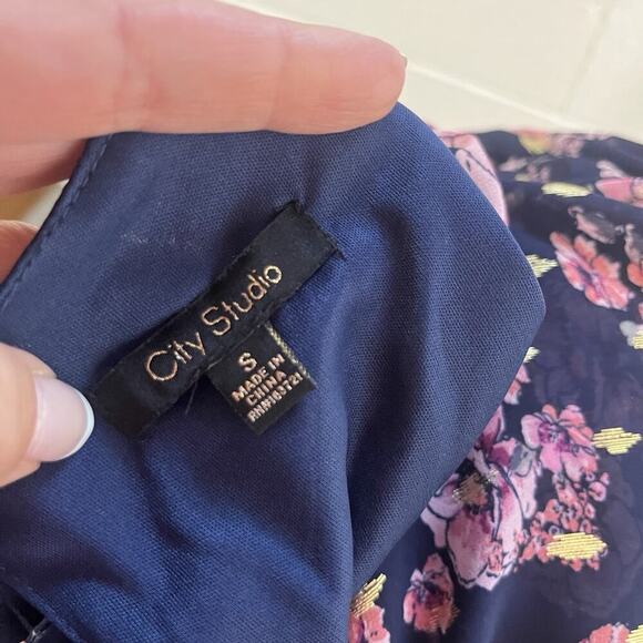 City Studio Dress size Small Navy Blue Pink Gold Floral Sheer Ruffles Wedding - Picture 11 of 11
